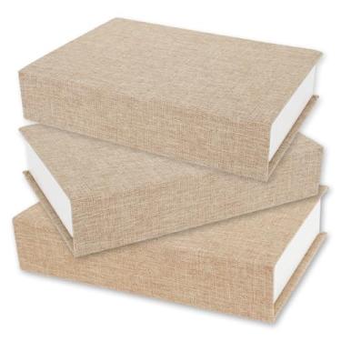 Imagem de 3 peças caixa decorativa de linho, 22 x 15 x 4,6 cm, caixa de armazenamento decorativa de linho, caixa de armazenamento de livros falsos, moderna, caixa em forma de livro para decoração de mesa de