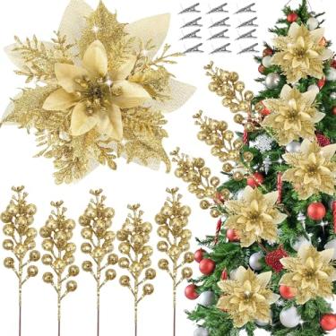 Imagem de 24 peças, decoração de árvore de Natal, flores artificiais de poinsétia com purpurina, 14 cm, 21 cm, caules de bagas com glitter, palitos de árvore de Natal artificiais, guirlanda de Natal, faça você