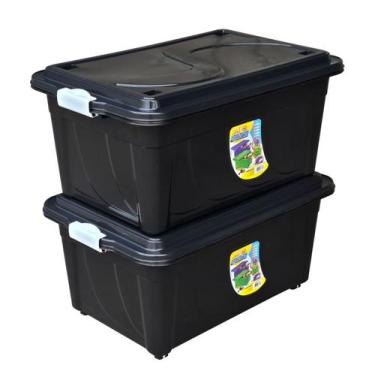 Imagem de Kit 2 Caixas Organizadora Multiuso 60 Litros Preta Tampa Rodinhas 60L 