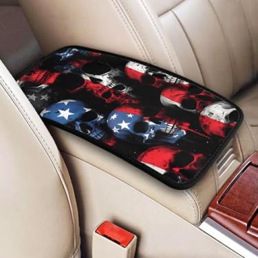 Imagem de indokyeyqaz Almofada universal para console central de carro, bandeira americana, caveira, impermeável, macia, à prova d'água, para console central de carro, protetor de caixa de assento para a