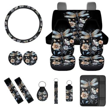 Imagem de gearider Capa de assento de carro Dragonfly conjunto completo com capa de volante automático almofadas de cinto de segurança porta-copos porta-copos almofada de apoio de braço chaveiros florais