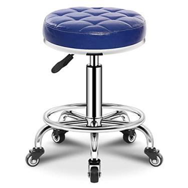 Imagem de BSNANCA Banqueta giratória ajustável em altura para salões de beleza, cadeira redonda com rodinhas de couro PU para trabalho, SPA, loja, salão, bancos, com rodas, cadeira de escritório, bege (azul)
