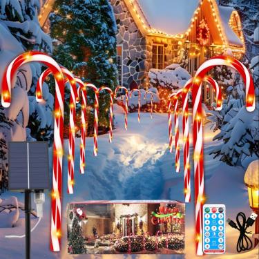 Imagem de Awgssifum Decorações de Natal solares de bengala doce, pacote com 12 luzes solares de estaca com 8 modos e temporizador, luzes de jardim à prova d'água para decorações de passarela de pátio de Natal