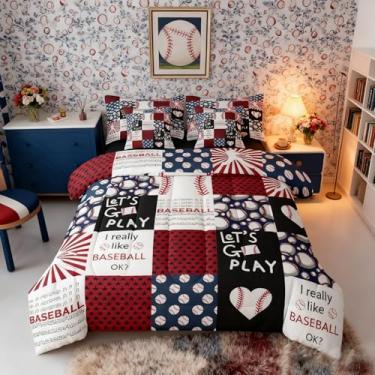 Imagem de Erosebridal Jogo de cama de casal de beisebol para meninos, 7 peças, para fãs de beisebol, vermelho e azul, conjunto de lençol e edredom esportivo, estilo patchwork, softball, decoração de quarto de