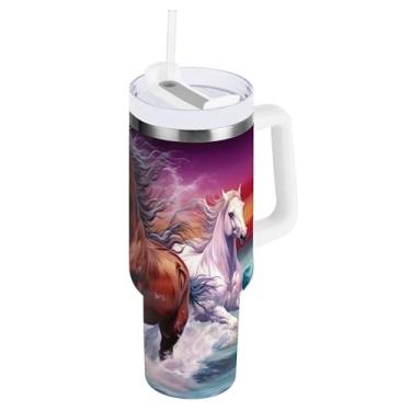 Imagem de xigua Copo Majestic Horse 1,134 g com tampa e canudo, aço inoxidável de vácuo duplo isolado garrafa de água esportiva suporte para copo de café de viagem à prova de vazamento para bebida gelada