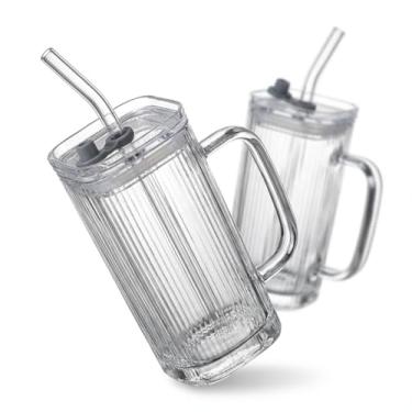 Imagem de Kit 2 Copos Canelados Vidro Quadrada 250ml Tampa Canudo Caneca Aesthetic Iced Coffee Frisado Ripple Café Estilo Pinterest Alça Glass Chá Tumbler Gelado Resistente Grosso Vedação Lavável Reais Não
