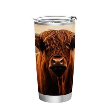 Imagem de Blueangle Copo de 590 ml com tampa e canudo, copo de café com água isolada a vácuo de aço inoxidável, caneca de viagem de vaca Highland Copo térmico para bebidas quentes e frias (515)