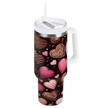 Imagem de ATTX Copo de coração de chocolate de 850 g com alça, copo de aço inoxidável a vácuo de parede dupla com palha, caneca de café de viagem isolada #519