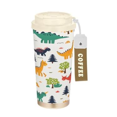 Imagem de Blueangle Caneca de café de viagem com isolamento térmico de dinossauros fofos - copo de aço inoxidável à prova de vazamento e derramamento para acampamento e ar livre, garrafa de água reutilizável de