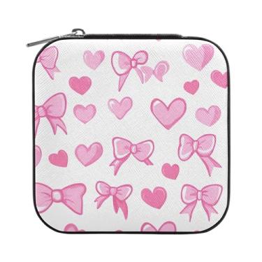 Imagem de SEHANY Caixa de joias personalizada com laço rosa para mulheres, meninas, mini estojo de joias de couro PU, organizador de joias de viagem, caixa de joias para brincos, anéis, colares, presentes para