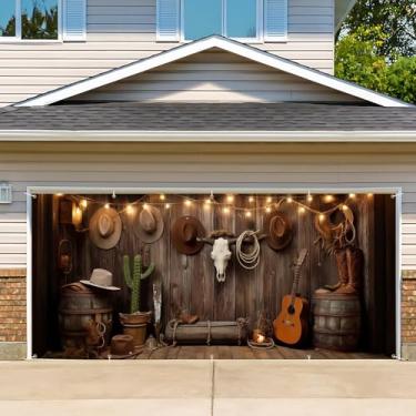 Imagem de Capa de porta de garagem de aniversário, cenário fotográfico de faixa de feliz aniversário, fundo de festa para decoração de parede interna e externa (festa caubói ocidental, 2,1 x 4,9 m)