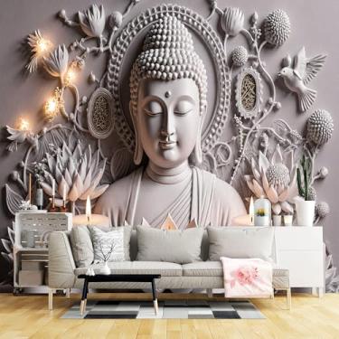 Imagem de Murais de parede de tamanho personalizado, estátua de Buda de pedra branca decoração floral velas acesas tecido de parede autoadesivo (sem PVC) papel de parede grande removível para sala de estar
