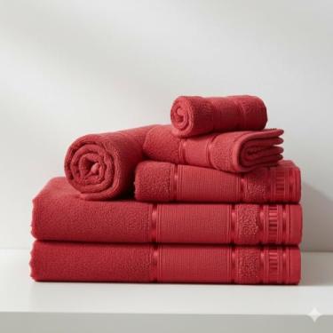 Imagem de Kit Toalha de Banho e Rosto 5 Pçs 100% Algodão 290 g/m2 Hipoalergênica - Barra Decoratica, Luxo, Toque Macio e alta absorção - Vermelho