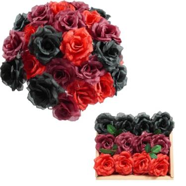 Imagem de Bairdish Flores artificiais, 24 peças, cabeças de rosas falsas de seda com hastes para buquês de casamento, flores falsas para chá de panela, arranjos de mesa, decoração de quarto (série vermelha)