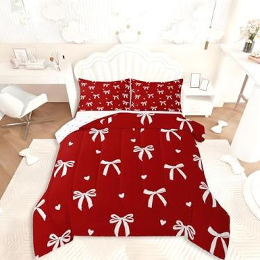 Imagem de Feelyou Jogo de cama fofo com laço, macio para meninos e meninas, conjunto de edredom com laço, tamanho casal, vermelho, branco, microfibra, laço, coração, decoração de quarto, 3 peças com 2 fronhas