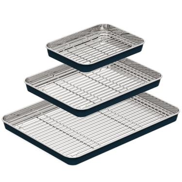 Imagem de BRONYPRO Assadeira de aço inoxidável com assadeira de arame (3 formas + 3 prateleiras), assadeiras de 24/12/40.6 cm, não tóxicas (livre de PFOA e PTFE), bandejas sólidas resistentes a deformações para