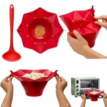 Imagem de Bowl de silicone para pipoca, Pipoqueira de microondas resistente a 230°C,Bowl para Fazer Pipoca com Tampa Dobrável,Compatível Com Air Fryer e Microondas (Vermelho)