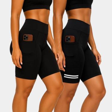 Imagem de Kit 3 Bermudas Ciclista Suplex Bolso Não Fica Transparente Cós Alto-Feminino