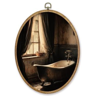 Imagem de CGBHW Decoração de parede oval de banheiro rústico, impressões em tela de banheira vintage Moody emolduradas, Dark Academia Farmhouse decoração de pendurar para casa cozinha banheiro banheiro