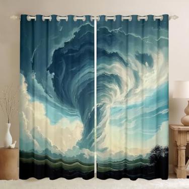 Imagem de Erosebridal Cortinas de janela de tornado azul, 2 painéis, cortinas com tema de clima de desenho japonês para sala de estar, sala de estar, dormitório, cortinas blackout de nuvem branca, cortinas
