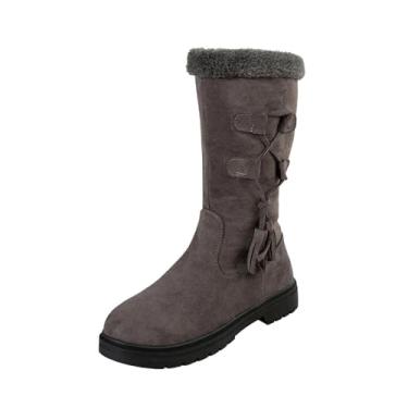Imagem de Botas femininas casuais até o meio da panturrilha, material de camurça, bico redondo, zíper lateral, salto baixo, forro de lã para aquecimento e conforto no inverno, Cinza, 36
