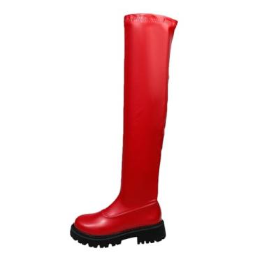 Imagem de Botas femininas elásticas plus size acima do joelho bico redondo salto outono inverno confortável, Vermelho, 35