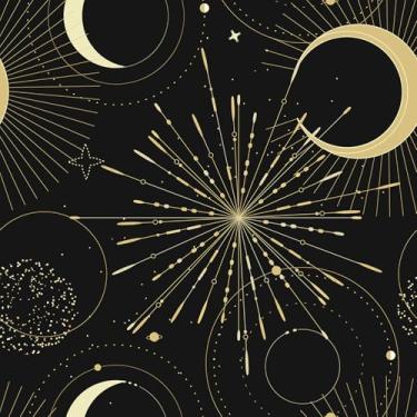 Imagem de EPPKILY Papel de parede celestial dourado descasque e cole papel de parede estrela/lua para paredes quarto de crianças berçário 44,5 cm x 259,1 cm papel de contato galáxia preto dourado papel de