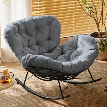 Imagem de Cadeira de balanço para pátio ao ar livre, cadeira de balanço com almofada acolchoada, cadeira de metal grande com moldura preta, espreguiçadeira moderna, para varanda, varanda, jardim, sala de estar