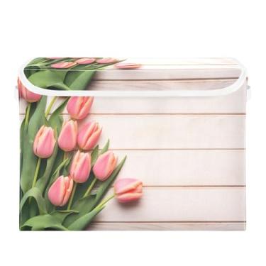 Imagem de Burbuja Caixa de armazenamento de madeira tulipas com tampa e alças, grande caixa de armazenamento dobrável para prateleiras armário quarto escritório organizador