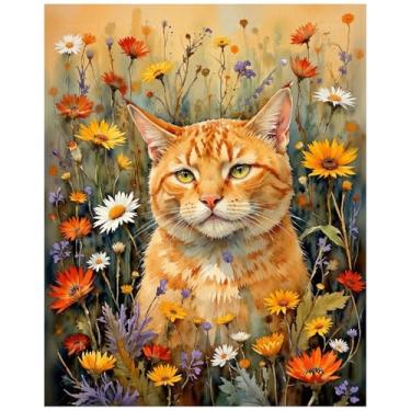 Imagem de Kit de pintura animal por números para adultos - DIY gato malhado laranja em pintura de campo de flores silvestres em tela, conjunto de tinta acrílica para iniciantes, arte para decoração de casa ou