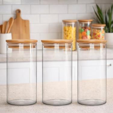 Imagem de Kit 3 Pote Hermético Vidro Tampa Bambu 1000ml Mantimentos Transparente