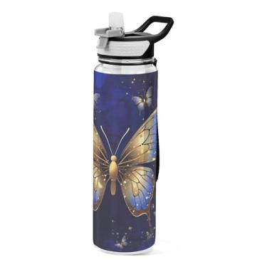 Imagem de Burbuja Garrafa de água Gold Butterfly de 940 ml com tampa de palha, à prova de vazamento e livre de BPA para academia, esportes ao ar livre