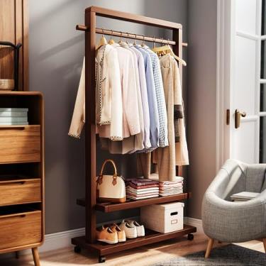 Imagem de Racks de roupas portáteis com prateleiras e rodas, rack de roupas de bambu, organizador de armário de guarda-roupa, cabideiro para entrada, quarto, sala de estar, marrom, 120 cm