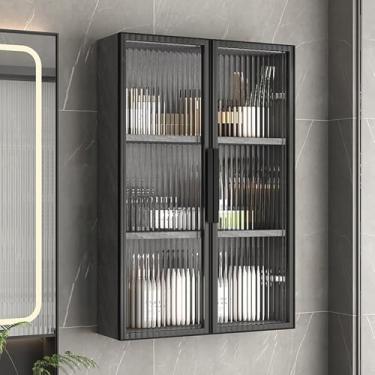 Imagem de Armário de parede de banheiro de madeira maciça com portas de vidro - Organizador de armazenamento sobre vaso sanitário, armários de remédios para banheiro, suporte de exibição de madeira para