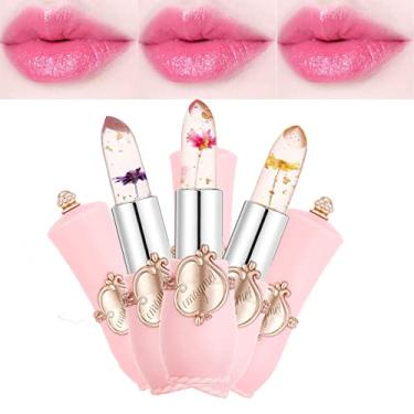 Imagem de Pakivs Conjunto de 3 batons de geleia de flor de cristal, brilho labial com mudança de cor de temperatura mágica, brilho labial, transparente, nutritivo, hidratante labial (rosa) (batom de flor)