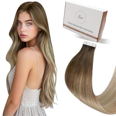 Imagem de Hetto Extensões de cabelo humano com fita adesiva de cabelo humano loiro balayage fita em extensões ombré marrom claro a loiro acinzentado fitas balayage em extensão de cabelo humano 30 cm 30 g 20