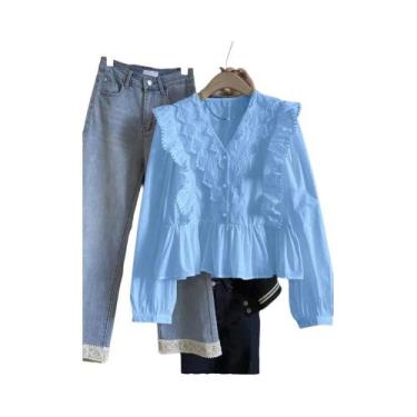 Imagem de Blusa Feminina Casual De Outono Com Renda E Babados Em Cor Sólida, Man