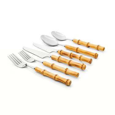 Imagem de Conjunto de Talheres 36 Peças Garbo Bamboo Silver Aço Inoxidável com Cabo de Bambu Natural Escuro Copa & Cia
