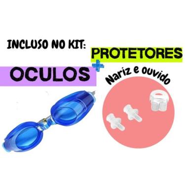 Imagem de Óculos Natação Kit C/ Tampão Ouvido Protetor nasal Azul - Petrin