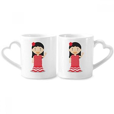 Imagem de Conjunto de canecas de porcelana de casal de desenho animado Espanha vestido vermelho flor coração alça