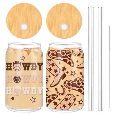 Imagem de Whaline Pacote com 2 copos de cowboy 473 g chapéu de cowboy sapato de cavalo copo bege marrom caubói copo de café gelo com tampas de bambu escovas de limpeza de palha de vidro para coquetéis uísque cerveja refrigerante presentes