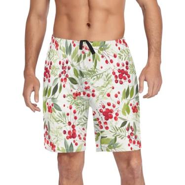 Imagem de CHIFIGNO Shorts de pijama masculino para dormir, shorts de pijama macio, calça com bolsos e cordão, Bagas vermelhas e folhas verdes, XXG