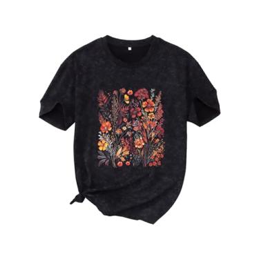 Imagem de MODNTOGA Camiseta feminina floral vintage com estampa de flores silvestres, manga curta, estampa de flores, retrô, grande, gola redonda, Preto, P