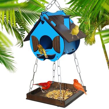 Imagem de Comedouro Tratador Pássaros Livres Casinha De Passarinho Mdf (Azul)