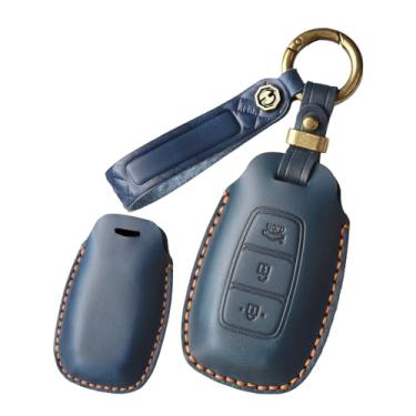 Imagem de HIBEYO Capa de chaveiro de couro genuíno personalizável de 3 botões compatível com Hyundai Palisade Elantra Kona Azera Santa Grandeur IG 2024 Acessórios Capa de chave personalizada - 3 botões azul
