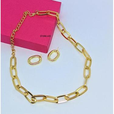 Imagem de Kit Colar e Brincos Feminino Corrente Elos quadrado retangular Folhead