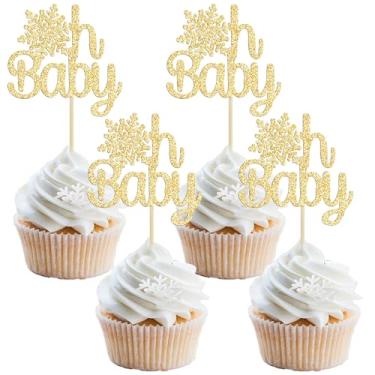 Imagem de Gyufise Pacote com 24 enfeites de cupcake floco de neve Oh Baby dourado glitter inverno Frozen Oh Baby Cupcake Pick Decorações para inverno Onederland Babyshower aniversário menino menina inverno