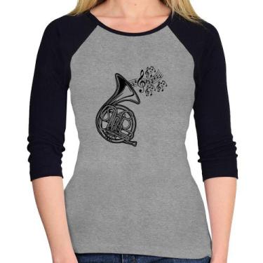 Imagem de Baby Look Raglan Trompa Notas Musicais Manga 3/4 - Foca na Moda, Cinza