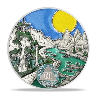 Imagem de Presentes de moeda de sobriedade de 36 anos | Moeda AA Rio e Floresta - Medalhão de Chip AA HA com Oração de Serenidade | Presentes de Narcóticos Alcoólicos Anônimos para Mês de Aniversário e Ano para