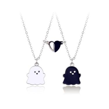 Imagem de Conjunto de colar de coração de fantasma combinando aço inoxidável engraçado esmalte preto branco fantasma amor corações atrair mútuo colar pingente para mulheres homens casais amizade BFF festa de